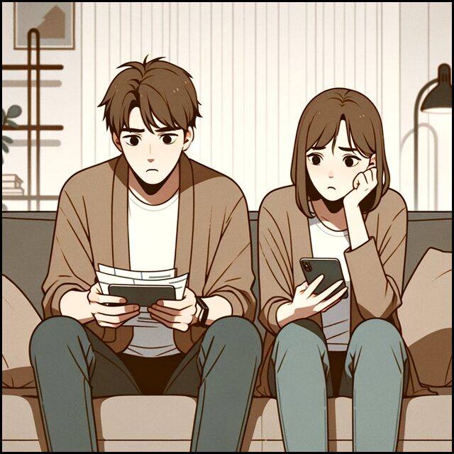 住宅ローンで貧乏になっている30代夫婦が打開策を見つけるためにスマホで情報検索をしている