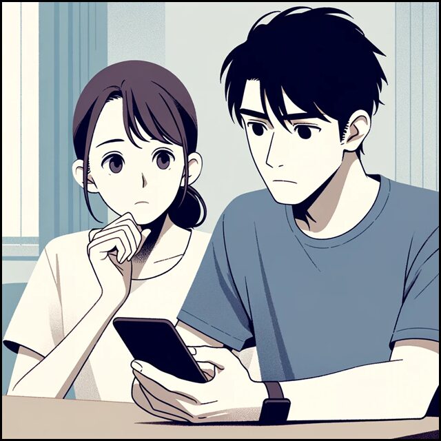住宅ローンがきつくて家でスマホを使って情報検索を行い金策を考える30代夫婦